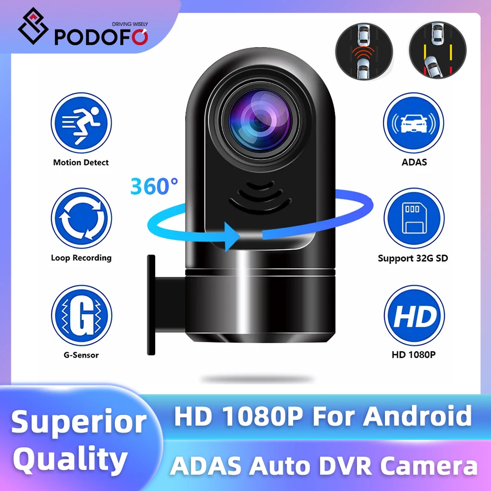 Podofo Auto DVR Camera Car DVR ADAS HD 1080P Dash Camera USB LDWS FCWS Loop Record G-sensor 1080*720P Car Recorder For Android