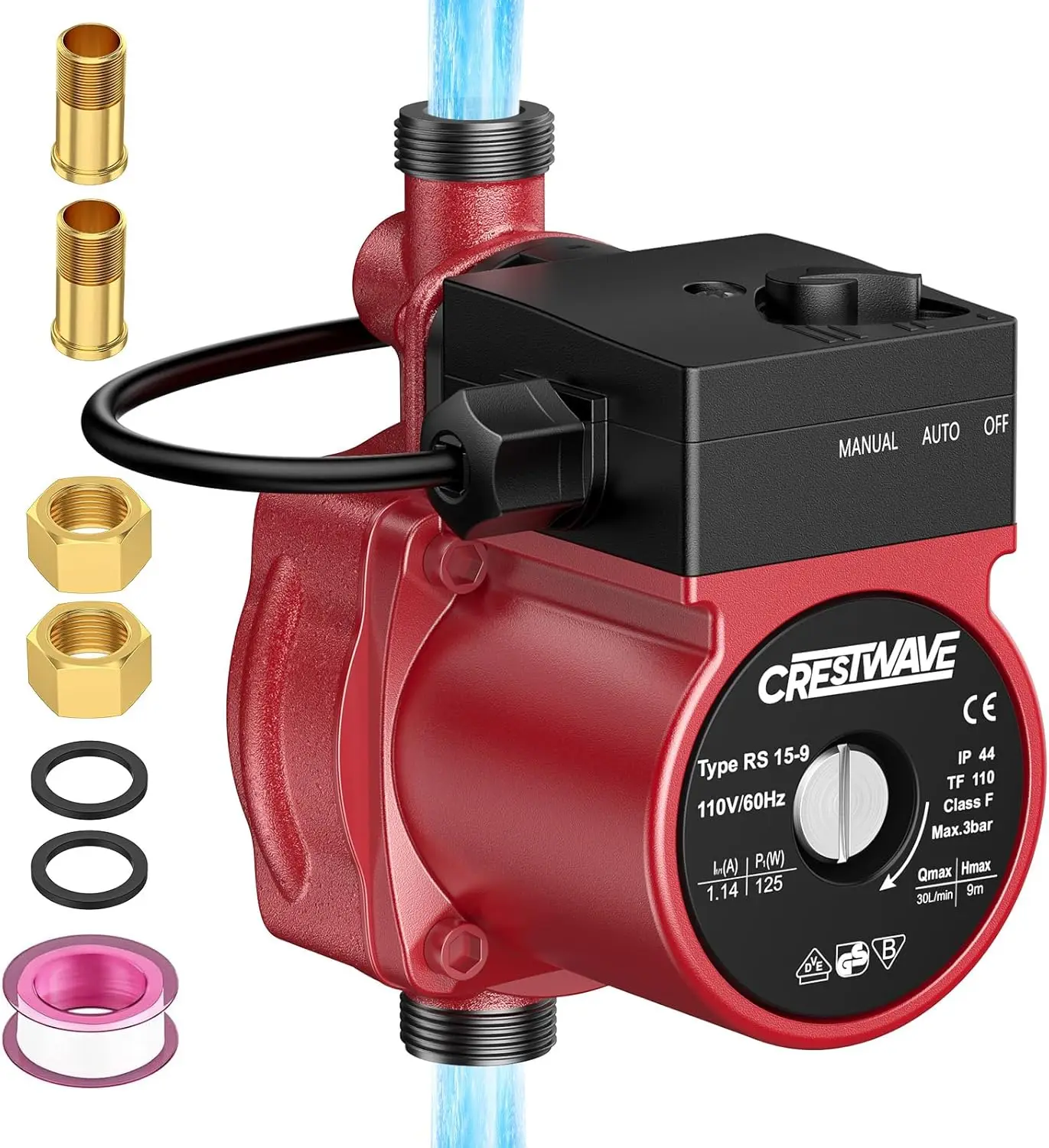 

Hot Water Recirculating Pump, 125W 115V Automatic Circulation for Water Heater, Dual Control Modes for Domestic Hot Water System