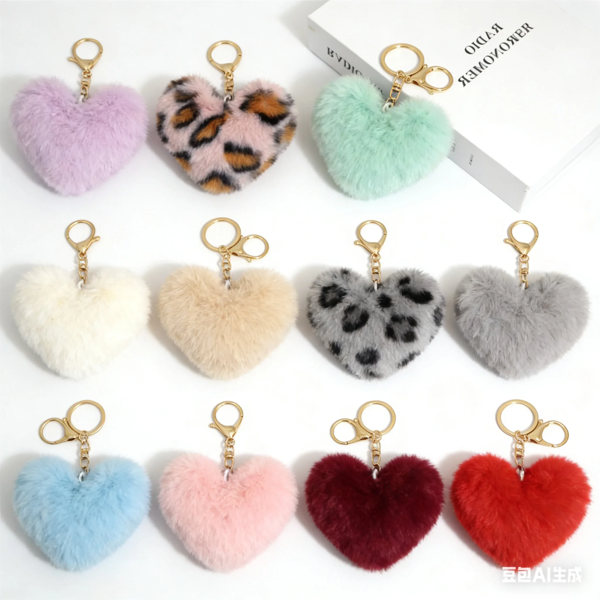 Leopard Print Heart Plush Pompom Keychain Set High-Quality Fluffy Faux Fur Hair Ball for Car Keys And Bags Gifts