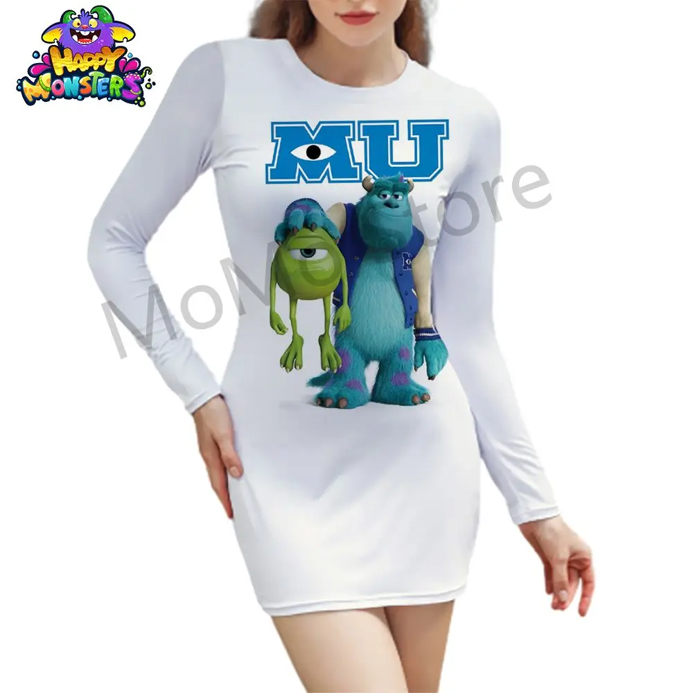 Sexy Disney Monsters Inc. Women's Long Sleeve Hip Dress Party 2024 Streetwear High Quality 3D Print Ladies Fashion Dresses S-2XL