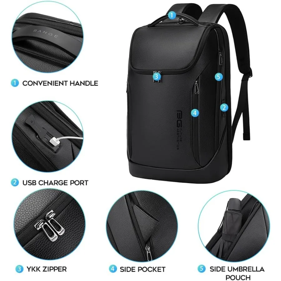 BANGE Business Smart Rucksack, wasserdichter 15,6-Zoll-Laptop-Rucksack mit USB-Ladeanschluss, langlebiger Reise-Rucksack