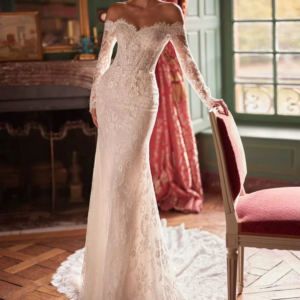 

Изысканное свадебное платье с бисером и кружевом, длинное, с открытыми плечами, приталенное, с открытой спиной, фасон «русалка»