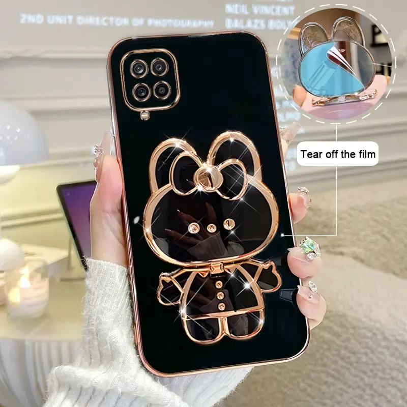 Makeup Mirror Phone Case For Samsung Galaxy A12 4G 5G Plating Cartoon Rabbit Folding Bracket Phone Protection Case Cover