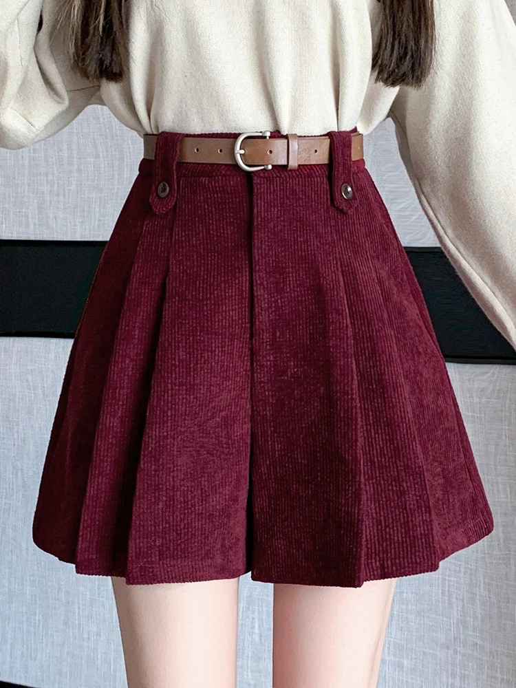 QOERLIN Korean Fashion Woolen Pleated Shorts Women 2024 New Autumn Winter High Waist Wide Leg A-Line Corduroy Shorts with Belt