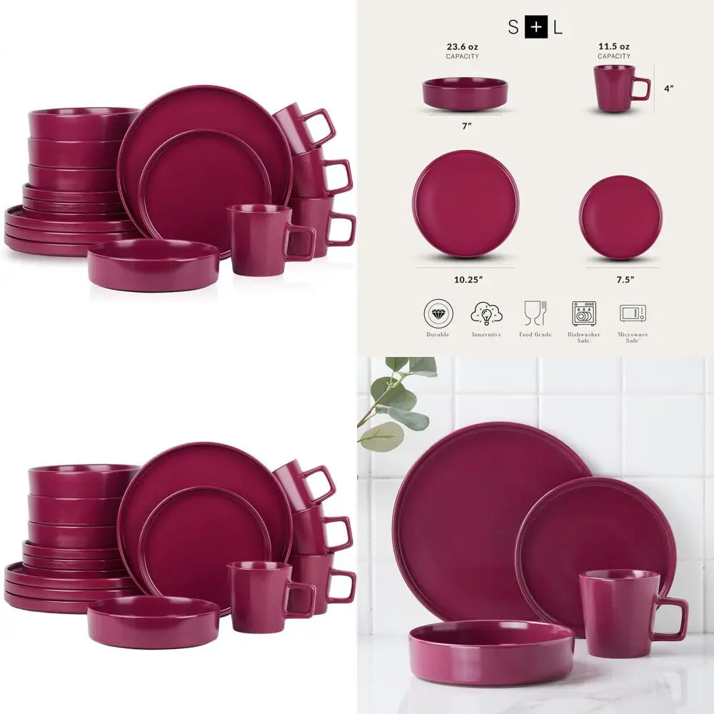 

16-Piece Stoneware Dinnerware Set, Service for 4, Magenta Plates and Bowls