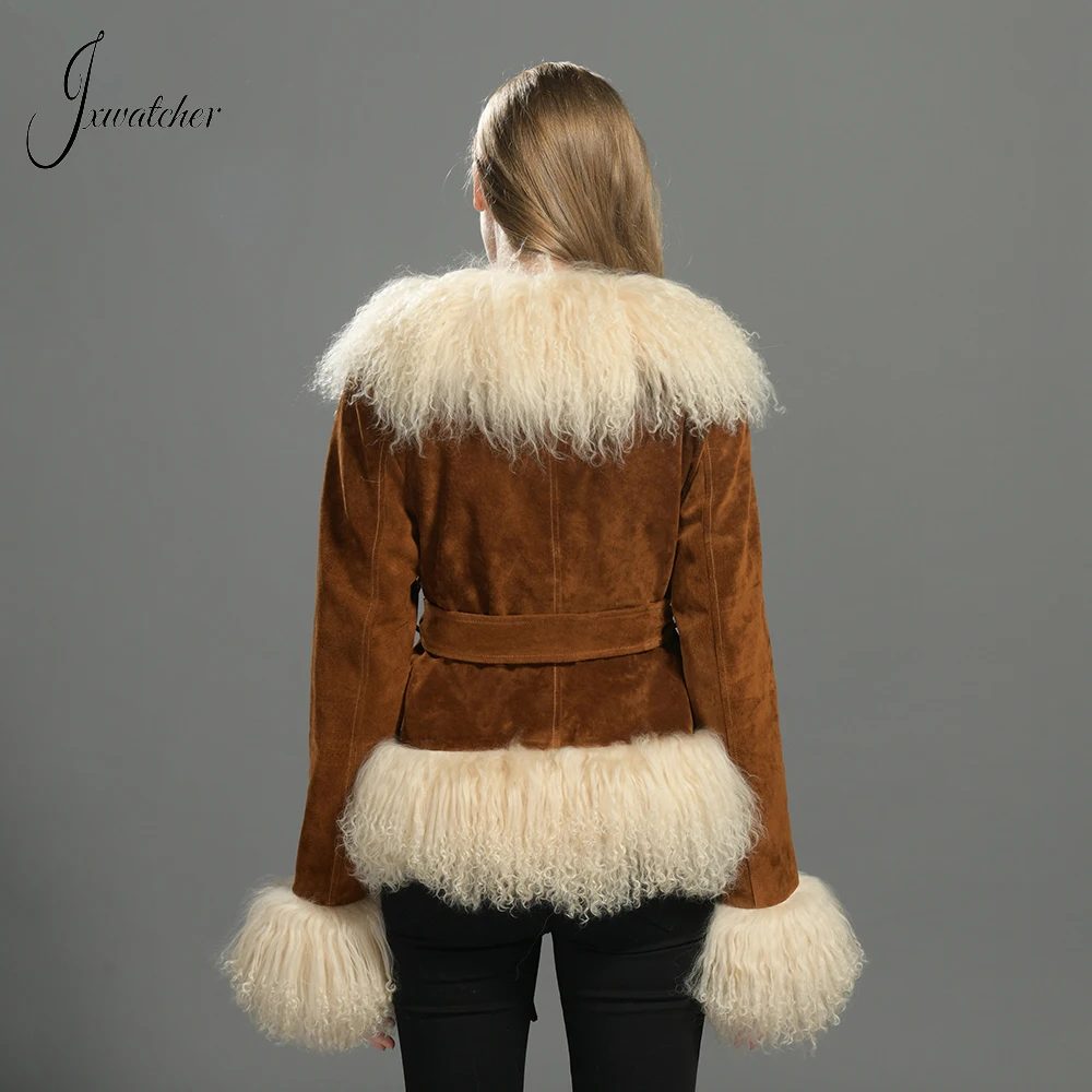 Jxwatcher-Veste en cuir suédé véritable pour femme, manteau moelleux, garniture en fourrure de mouton mongole, vêtements d'extérieur pour dames, automne, hiver