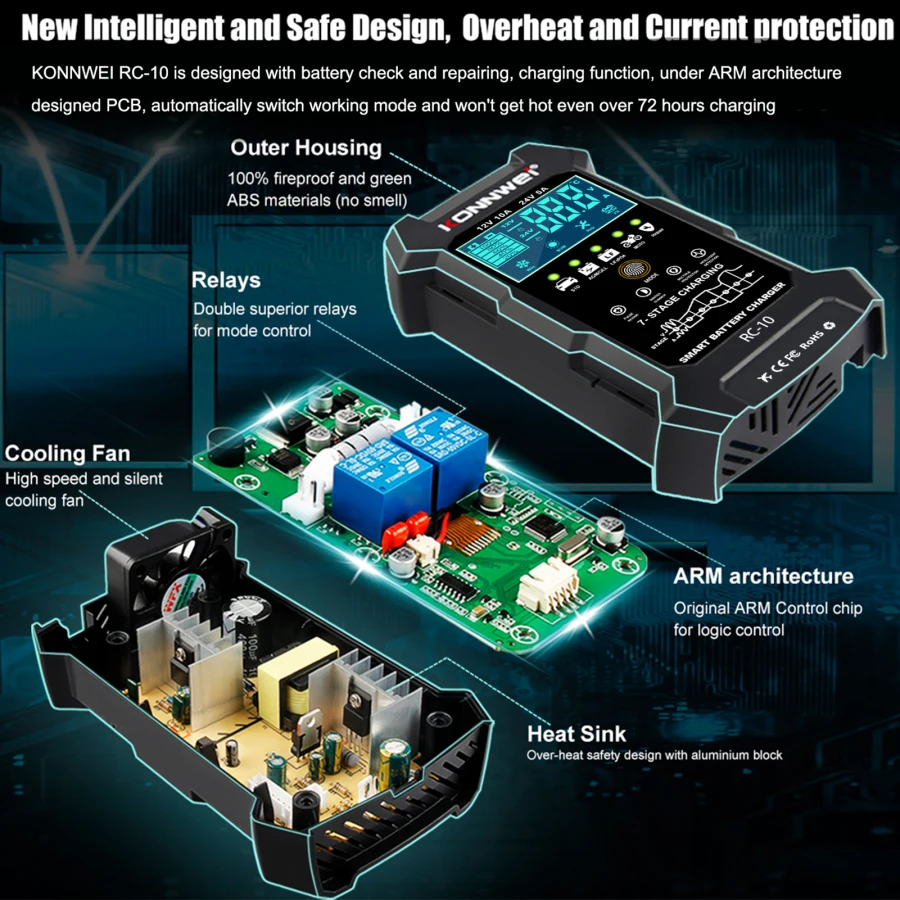 Konnwei RC-10 12V 10A & 24V 5A Battery Charger Battery Pulse Repair Tool for Lead-acid Automotive, Marine, Deep-cycle Batteries