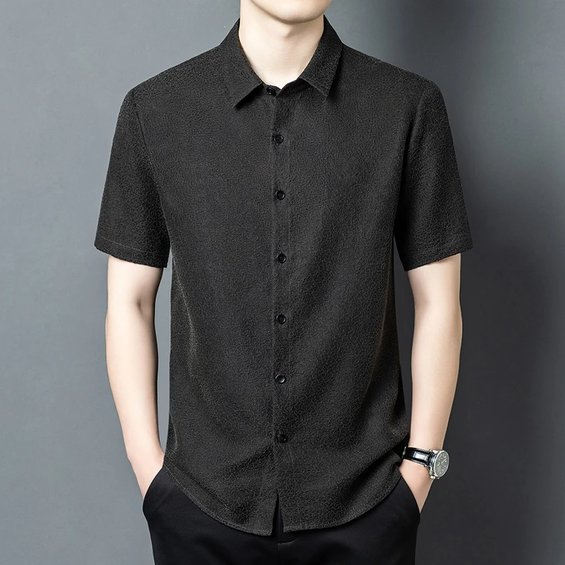Gambiered Canton Gauze Shirts For Men Short Sleeve Real Silk 100% Summer Top Quality Skin-Friendly Lightweight Camisas De Hombre