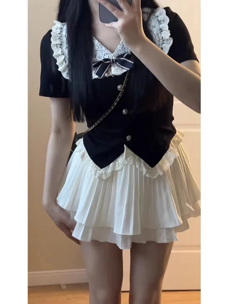 Conjunto de duas peças estilo universitário japonês, gola de boneca, meia saia, moda verão fena, manga curta, botão