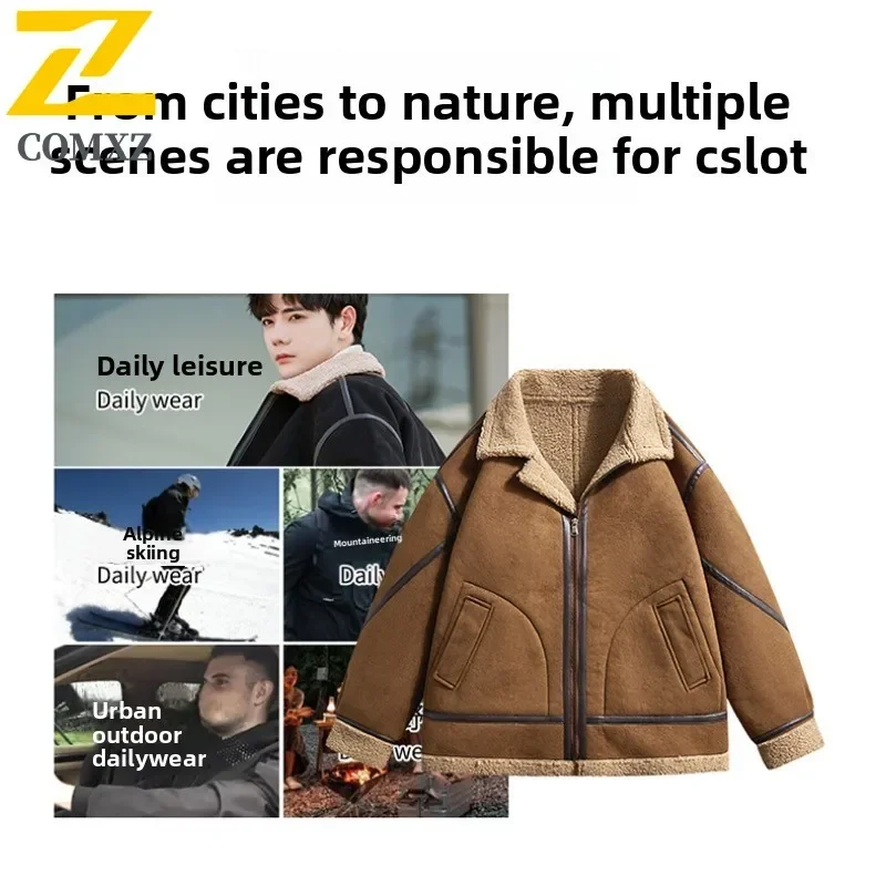 Harajuku Deerskin Fleece Jacket Men's Motorcyclist Thickened Warm Wool Plush Coat 2025 New Winter Korean Trendy Cold-proof Parka