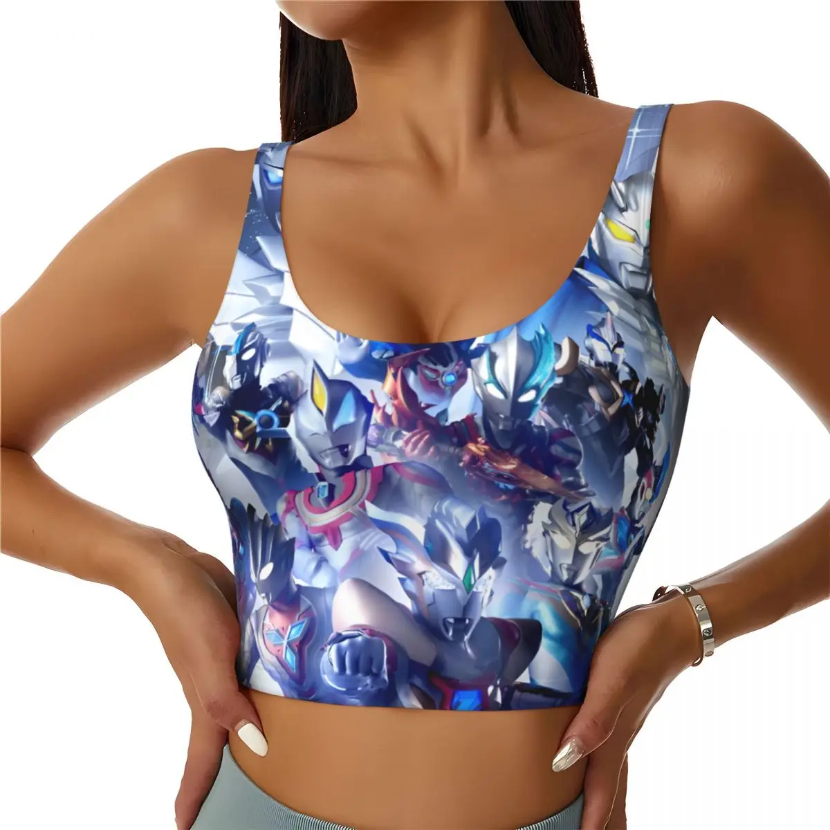 Custom Cartoon Ultraman Comic High Impact Sports Bras for Women Seamless Workout Running Crop Tank Tops