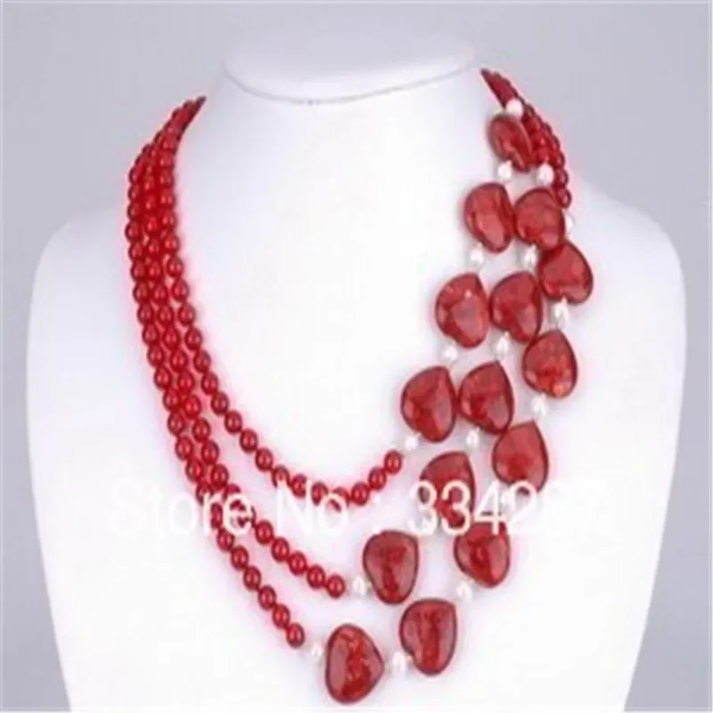 

New fashion 3Rows 6mm Red Fashion jadestone and Red Heart Jades White Pearl Necklace 20“"