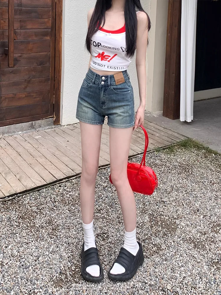 American Retro High Waist Denim Shorts Women Summer Large Size Loose Double Button Sweet And Spicy Girl Trendy Hot Pants