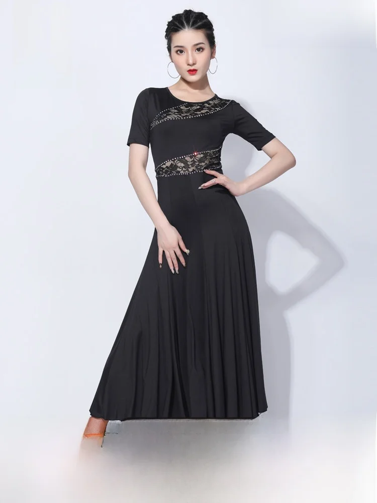 modern-dance-skirt-tango-performance-short-sleeve-standard-dance-waltz-big-swing-dress-elegant-women's-fitness-yoga-wear