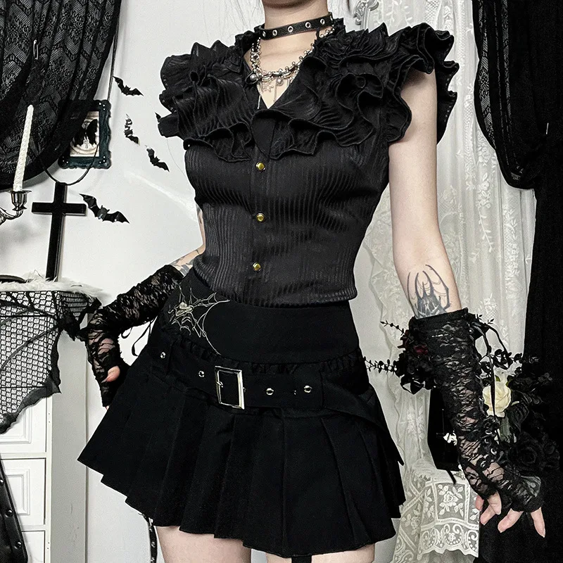 

Gothic Black Spider Web Pleated Mini Skirts for Women Y2K Vintage Punk High-waisted Short Skirt with Belt Women Summer Partywear