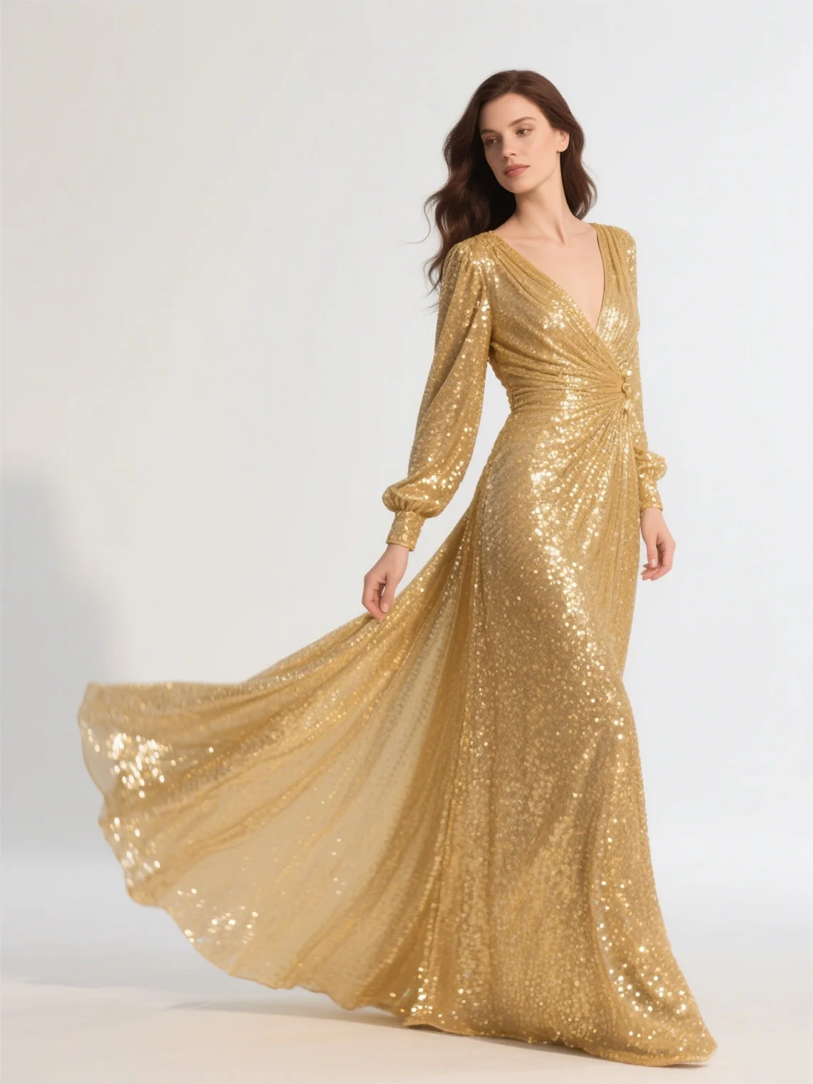

Elegant A-Line Sparkle Evening Prom Wedding Guest Dress Floor Length Long Sleeve Sequin Open Back Ruffles 2025 free customized