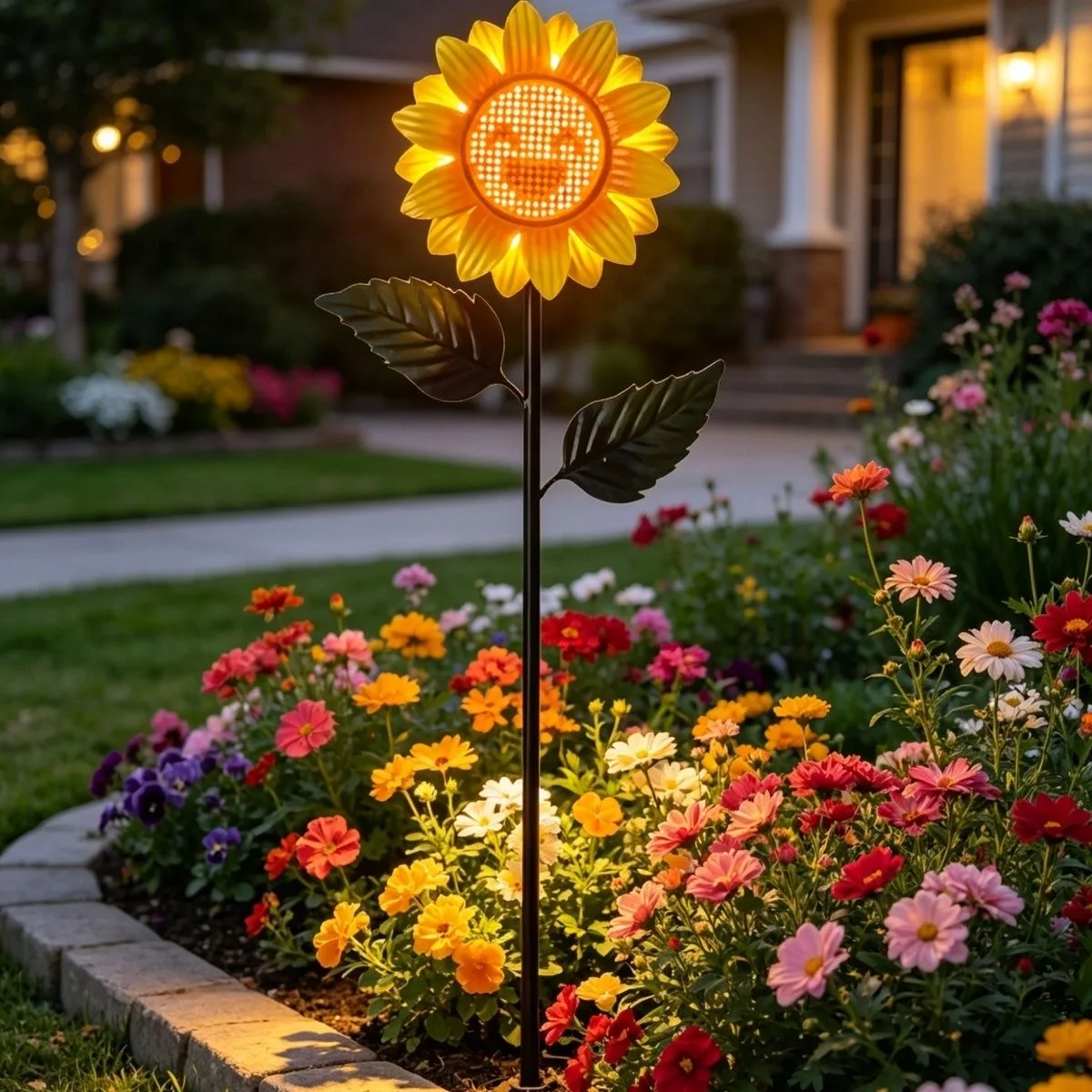 Waterproof Solar Sunflower Garden Statue Metal Outdoor Sculpture LED Expression Smiling Faces for Landscape Yard Art Decoration
