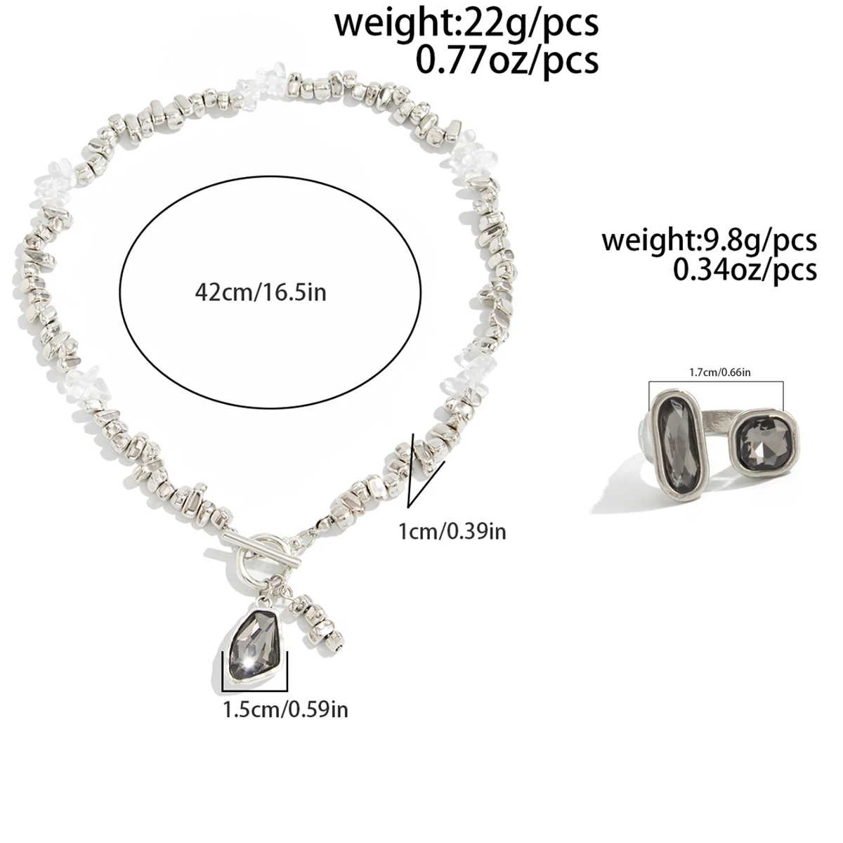 Elegant Irregular Black Acrylic Rhinestone Pendant Necklace Ring Set