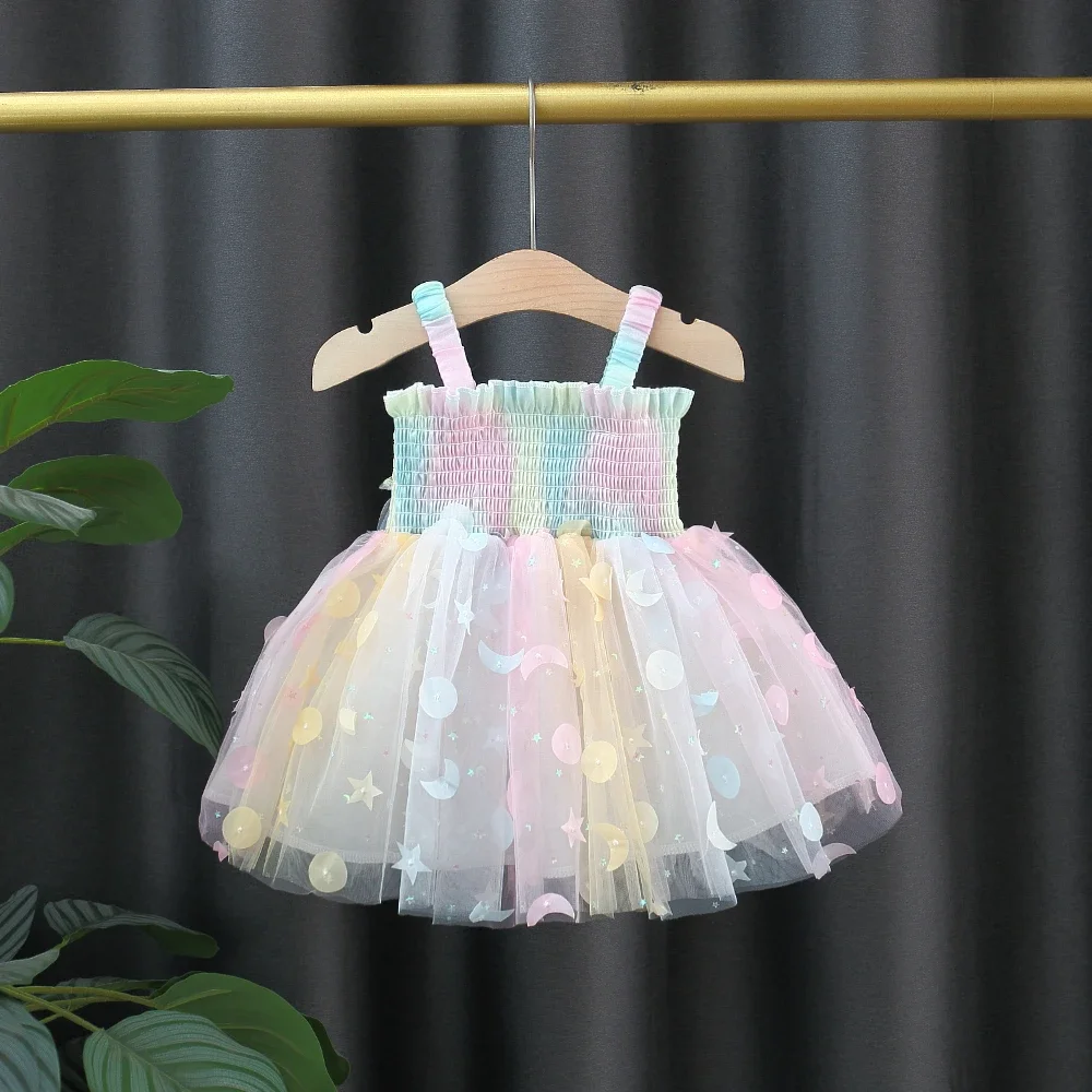 New Girls Dress Summer Butterfly Wings Colorful Dream Princess Dress Birthday Party Dress Geometric Glitter Dress Suspenders