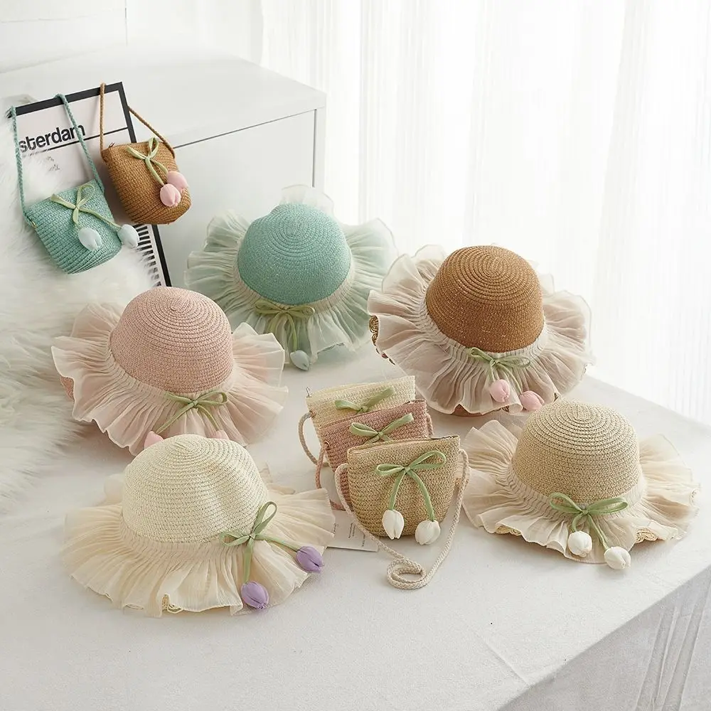 

with Same Style Crossbody Bag Tulip Straw Sun Hat Korean Style Shading Hat Girls Bucket Hat Anti-UV Sun Hat Foldable