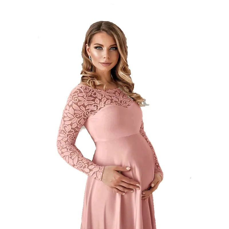 European American Long Sleeve Lace Panel Maternity Photography Dress Sexy Loose Fit Wedding Gown with Train Baby Show Pregnancy