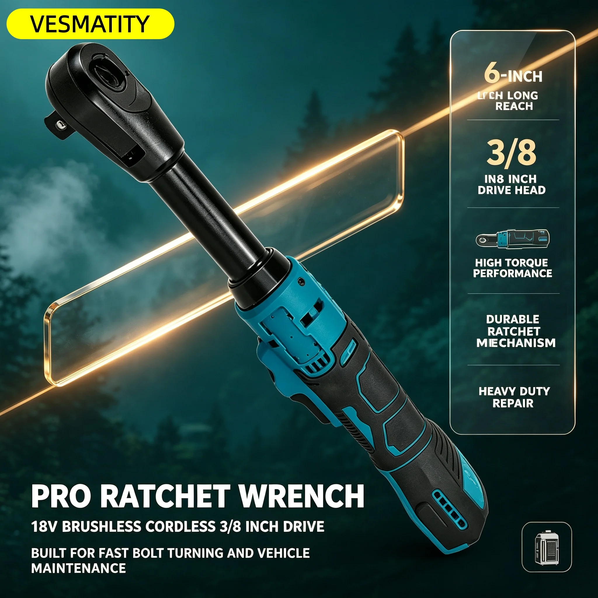 Driver Power Tool VESMATITY Cordless Ratchet Wrench 220N.m 3/8 Inch Extended Head Removal Screw Nut Elite for 18V-20V Battery