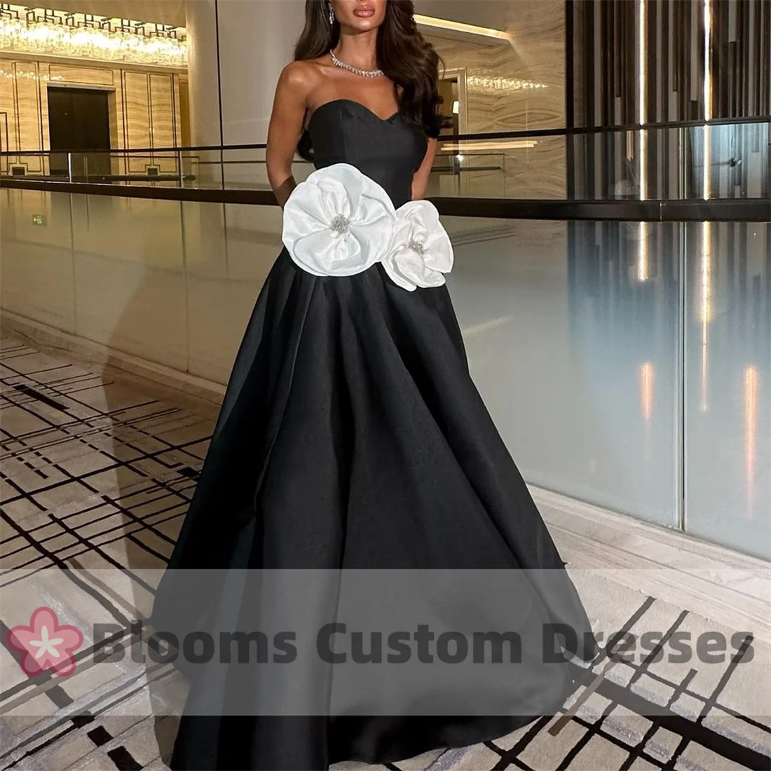 Robe de soirée en satin noir avec fleurs 3D, robe trapèze vintage, magnifique chérie, occasion formelle, Rhde fin d'année