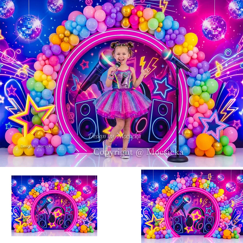 Mocsicka Kid Cake Smash Backdrop Photography Disco Ball Music Theme Glow in The Dark Neon Background Birthday Party Photo Studio
