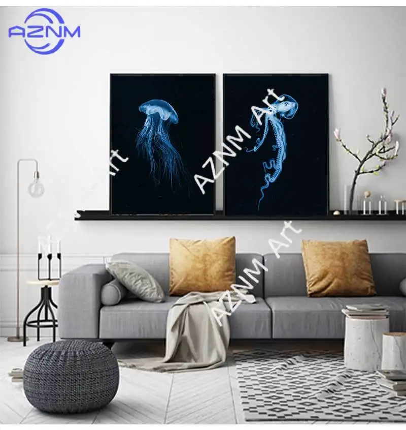 Retro Sea Animal Cyanea Jellyfish Squid Shark Minimalist Art Poster Canvas Painting Wall Prints Picture Living Room Home Decor