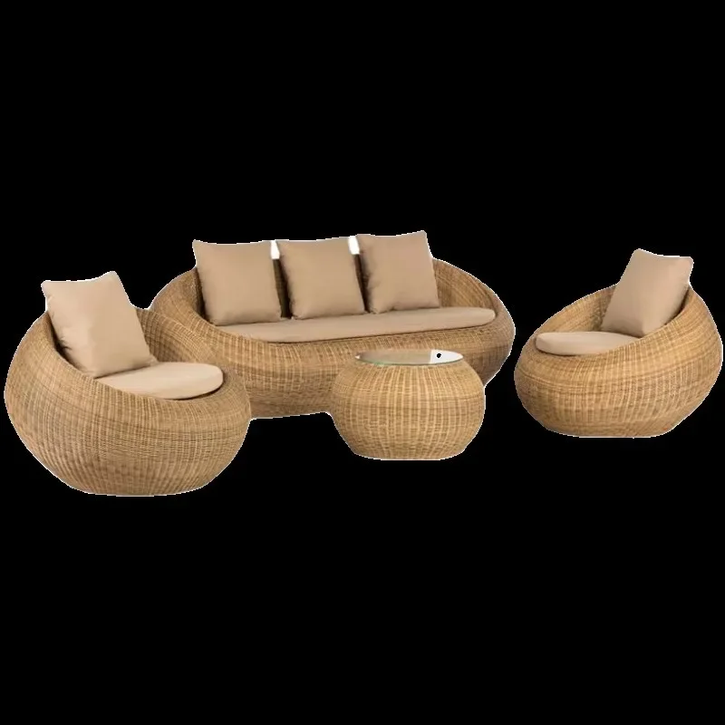 Outdoor-Sofa, Innenhof, Terrasse, Rattanstuhl, dreiteiliges Set, Couchtisch, runder Garten, Freizeit, Rattanmöbel, Rattansofa