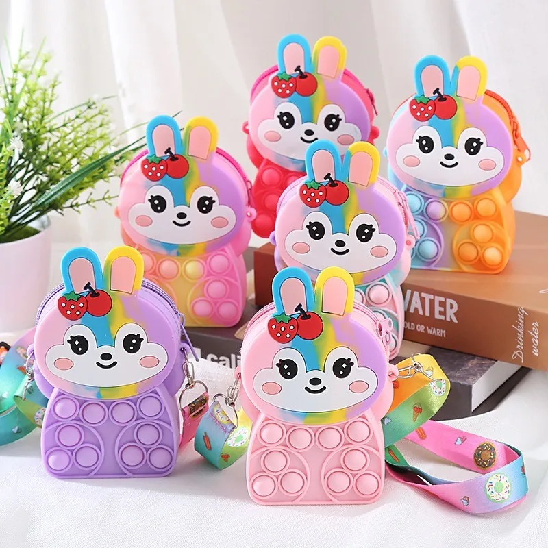 Rabbit Kids Silicone Coin Purse Candy Jelly Storage Bag Hand Pinch Bubble Puzzle Stress Relief Crossbody Bag