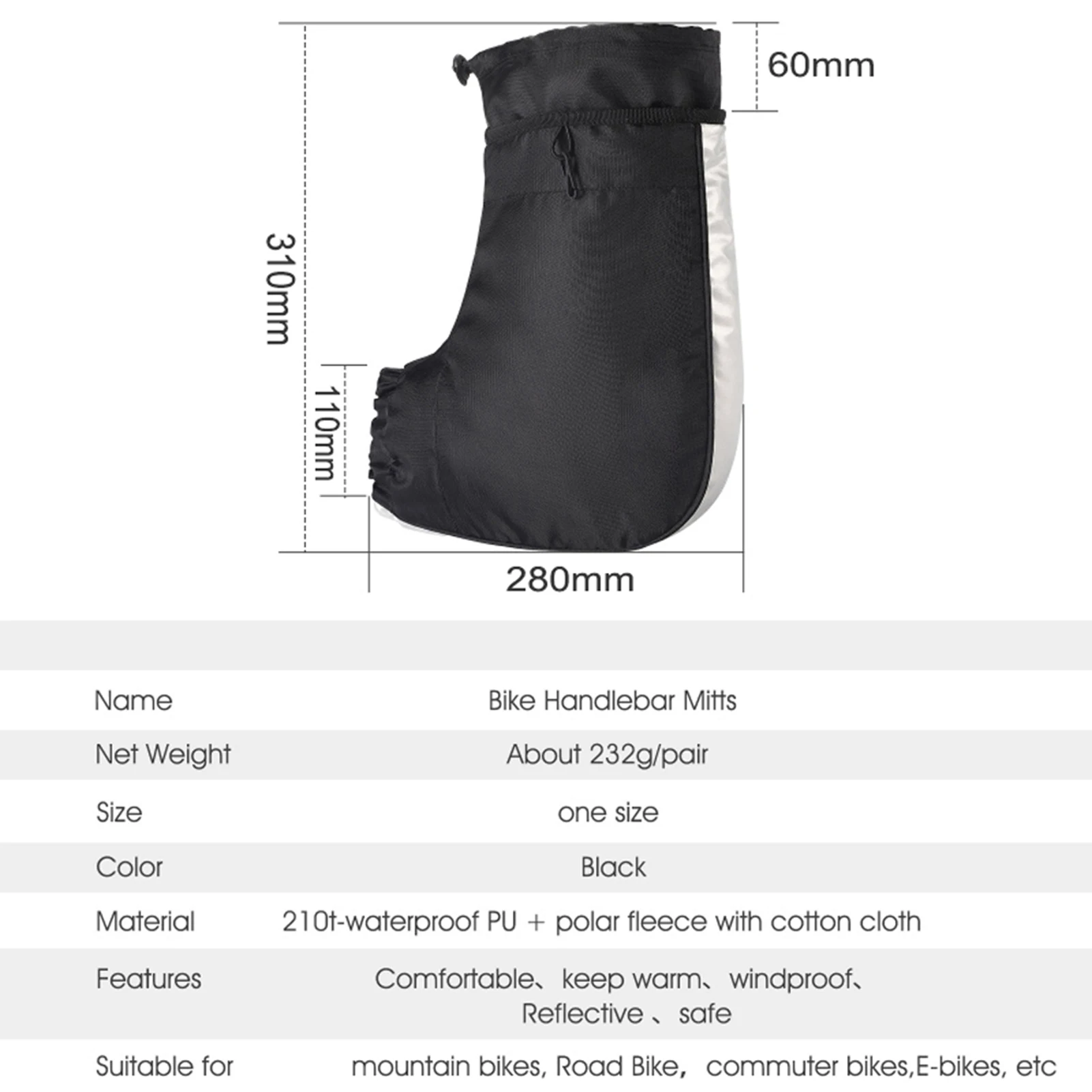 Windproof Thermal Bike Handlebar Mittens Bicycle Electric Bike Warm Handlebar Cover Reflective Painting Safety Cycle Gloves view 6