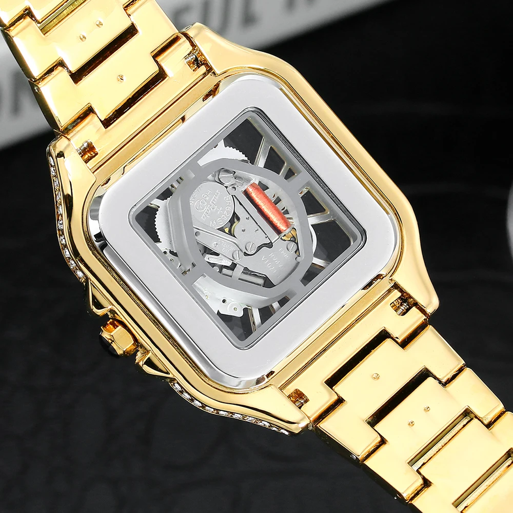 Square Full Diamond Watches For Men Luxury Fashion Ice Out Bling Skeleton Clock Hip Hop Shiny Silver Waterproof Watch Hot Sale