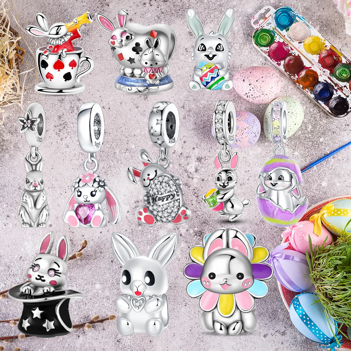 Colgante de plata 925 con diseño de huevo de conejo y amor rosa, dijes de Pascua aptos para pulsera original, collar de cuentas, joyería femenina Diy