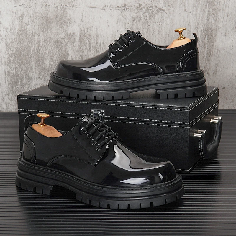 men casual patent leather shoes business wedding dress lace-up derby shoe black tide platform sneakers gentleman footwear zapato
