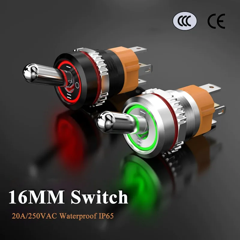 LED Light Toggle 20A 16MM 3 Positions 2 Positions Toggle Switch Large Handle Metal Current with 1NO/1NC Switches Waterproof High