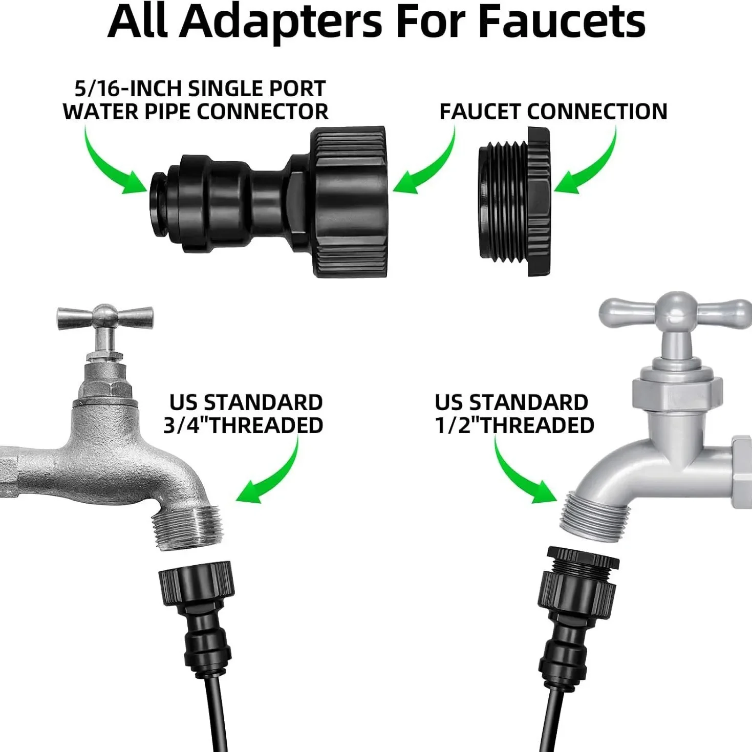 Irrigation Quick Connect Fittings for 8mm Tubing with Two 5/8 Inch External Thread Faucet Connectors and Two Sealing Blocks