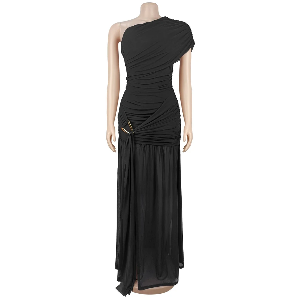 Sommerliches Damen-Abendkleid: Sexy One-Shoulder-Maxikleid mit Raffungen, Mesh-Einsatz, Metallschnalle, hohem Schlitz und plissiertem Saum – Partykleid 2026 – Detail 12