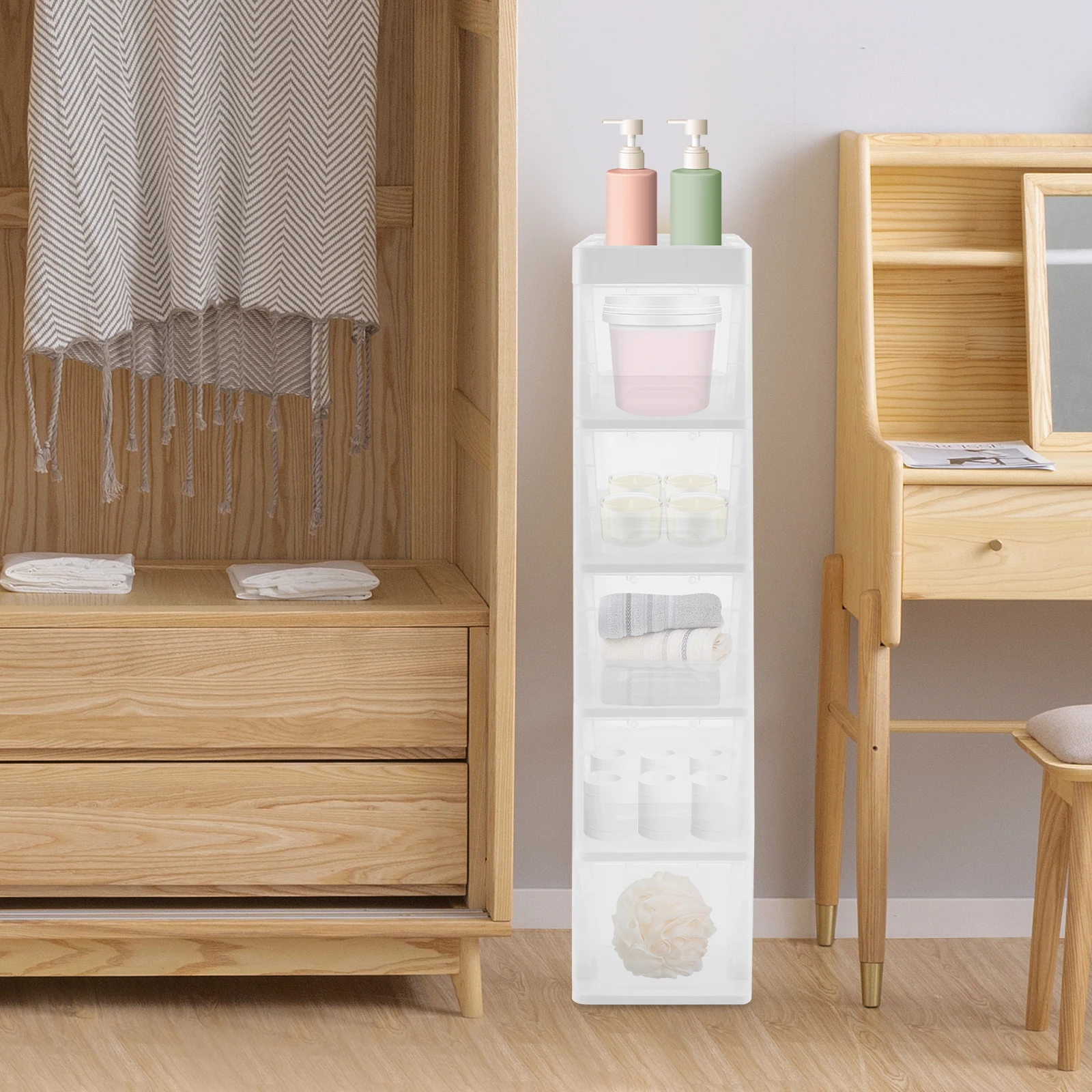 

Белый+прозрачный пятислойный шкаф-органайзер из ПП 18x38x84см, тумба для ванной комнаты на колесиках