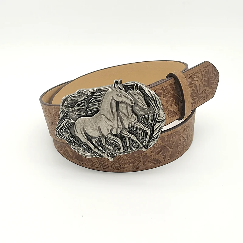 1pc Western Cowgirl Animal Horse Head Vintage Silver buckle Buckler print belt suitable for everyday use women's belt