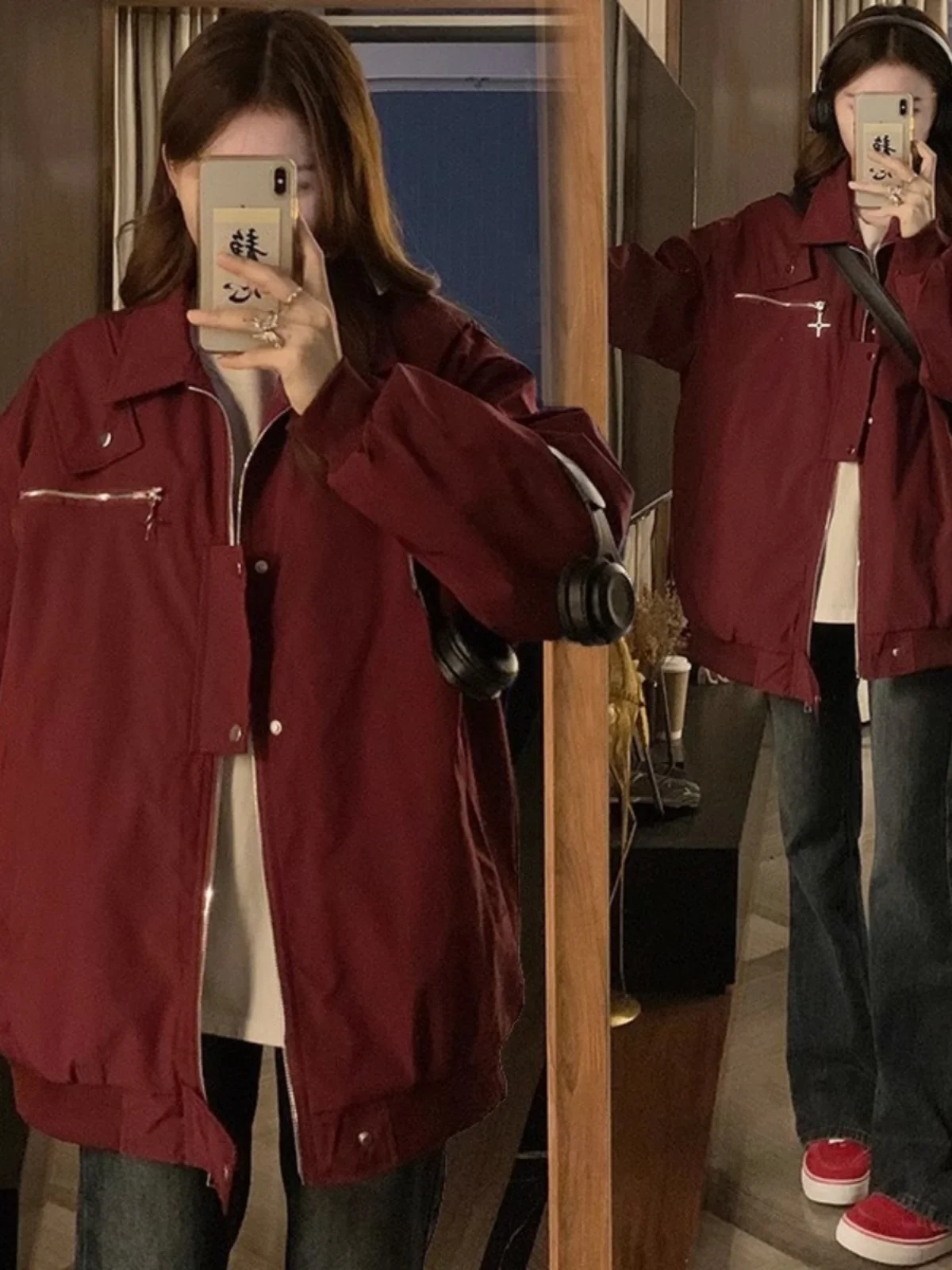 

Американская рабочая куртка в стиле High Street для мужчин, весна-осень, новая, винтажная, универсальная, модная, свободного кроя, с отложным воротником, цвета бордо