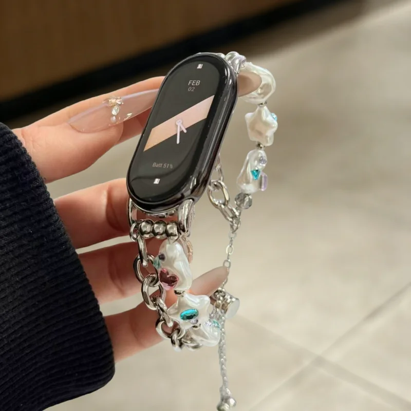 

Pearl double chain diamond studded strap suitable for Xiaomi Band 8Pro/9Pro，For Mi band 3/4/5/6/7，8/8NFC/9/9NFC/10/10NFC，For Red