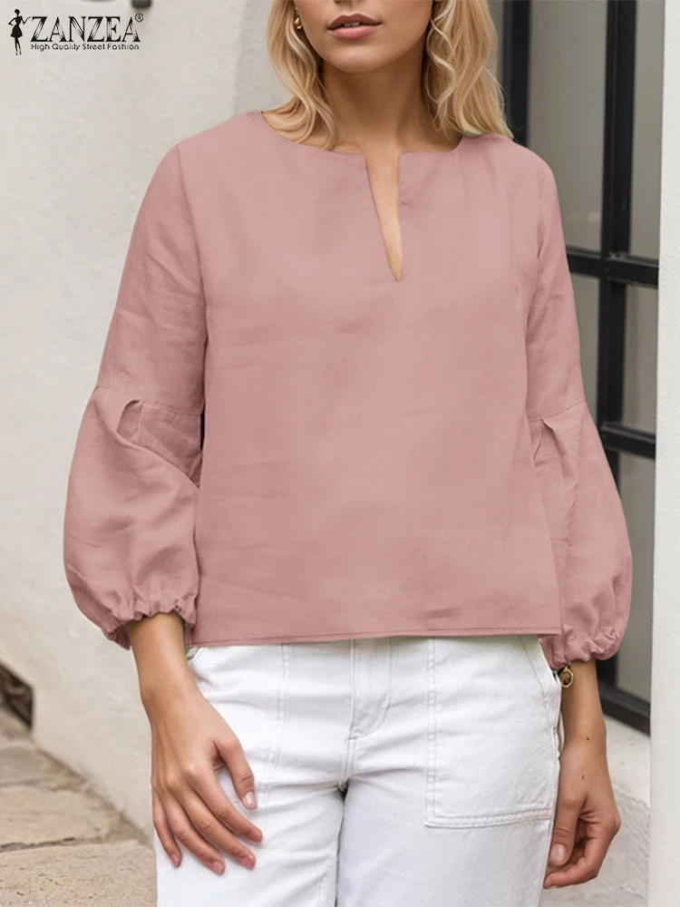 ZANZEA Women Blouse Casual Loose Patchwork Shirts 2025 Summer 3/4 Lantern Sleeve Tops Solid Color Blusas V-neck Fashion Pullover