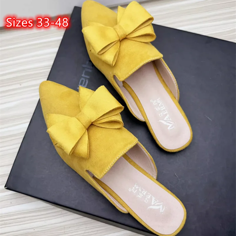 Women Designer Sweet Shoes Pointed Toe Flat Flock Cloth Half Slippers With Big Bow Yellow Rose Red Slide Mules No Heels 48 47 46