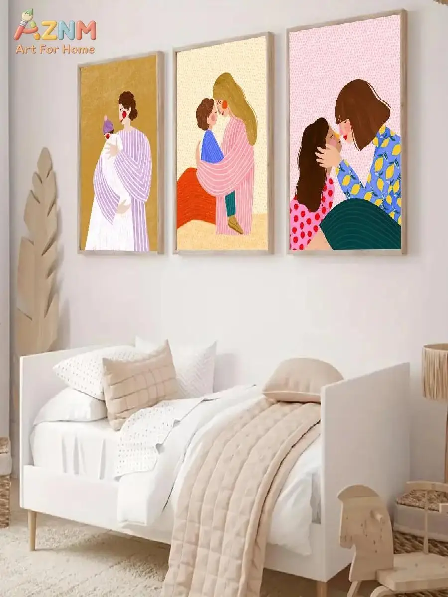 AZNM Frameless Canvas Wall Art, Cute Cartoon Mother Daughter Hug Print, Pastel Polar Bear Dove Dreamy Landscape Woman Figure Ill