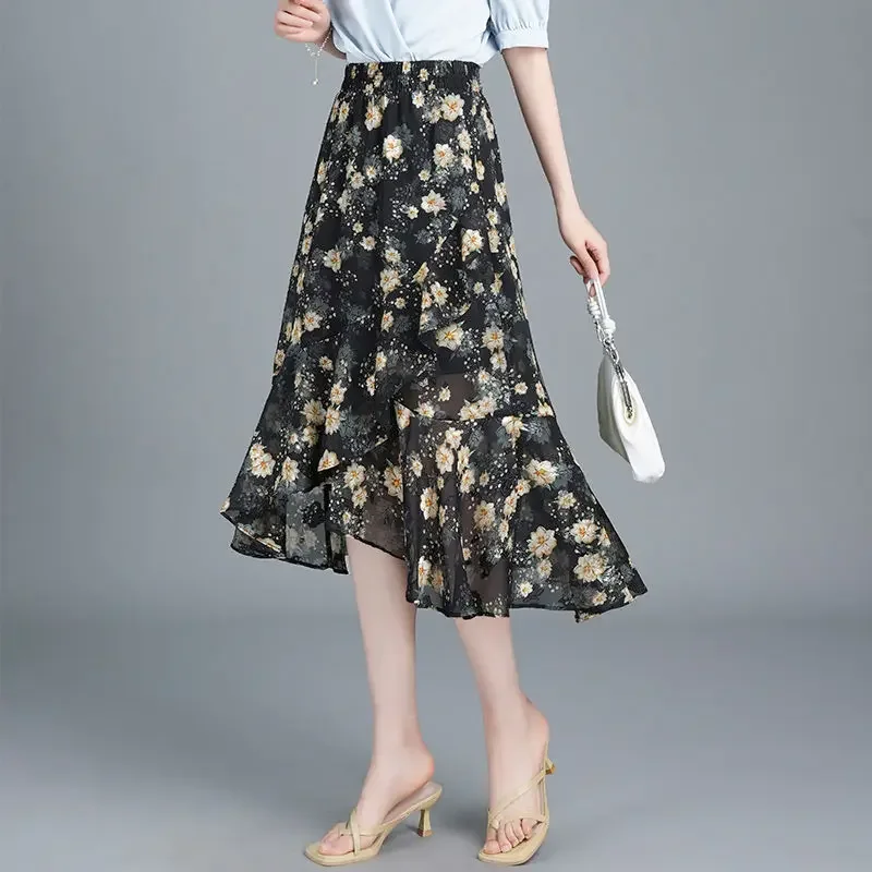 

Woman Skirt Chiffon Midi High Waist Tight Ruffle Wrap Skirts for Women Aesthetic V Clothing Sales Premium Vintage Luxury Elegant