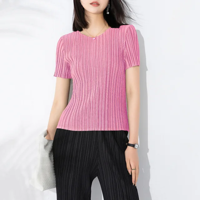 Miyake Pleated Short Sleeve Women\'s 2023 Summer New Thin Stretch Crew Neck All-Matching Slim Fit Pleated Hollow T-shirt Women