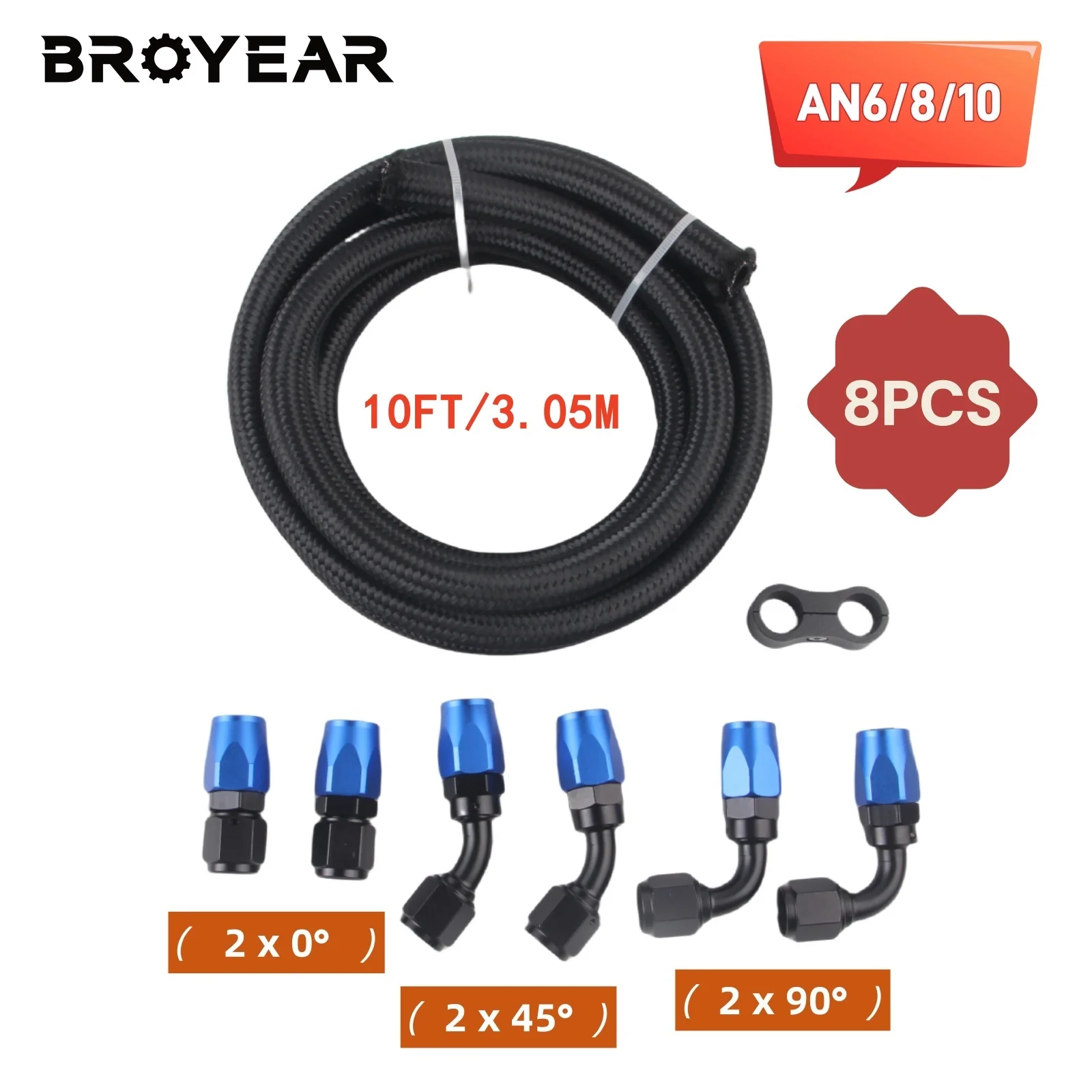 

Broyear High Quality 10FT 3.05M AN6/8/10 CPE Oil Fuel Fitting Hose End 0+45+90 Degree Oil Adaptor Kit Braided Oil Fuel Hose Line