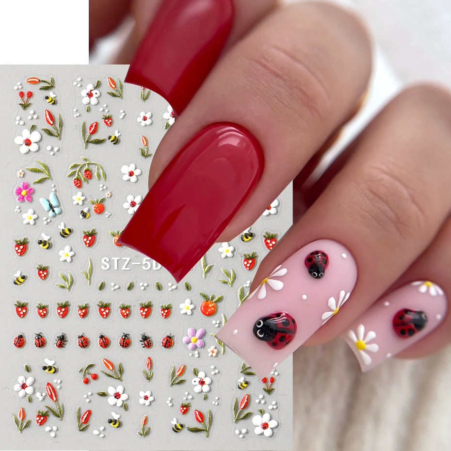 3D Embossed Kawaii Ladybug Sliders Spring White Daisy Flowers Nail Stickers DIY Simple Petals Wedding Nails Decals Accesories image 4