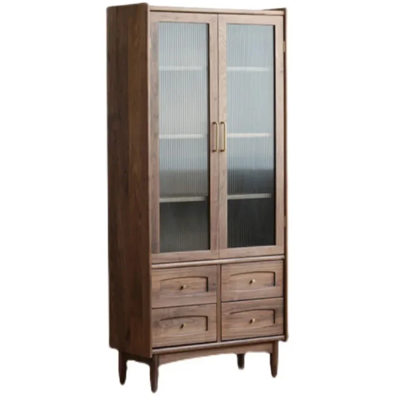 

Black walnut all solid wood bookcase Japanese glass door storage simple modern locker design
